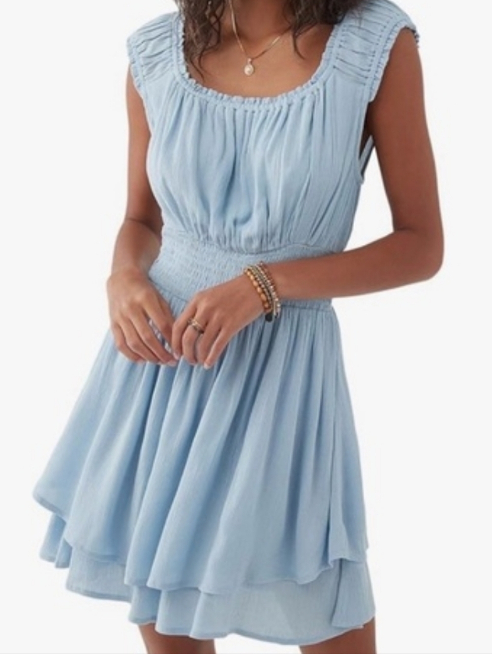 O'Neill Ollie Pale Blue Smocked Waist Sleeveless Ruffle Sundress Size XS